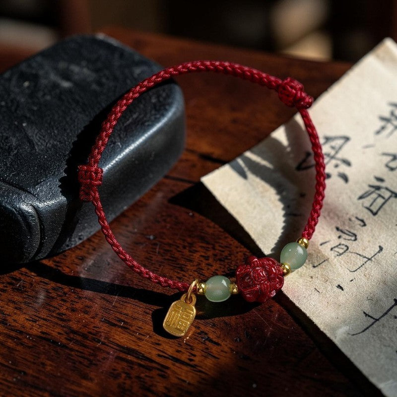Natural Cinnabar Bracelet with Hetian Jade Zodiac Beads & Fu Character Rope