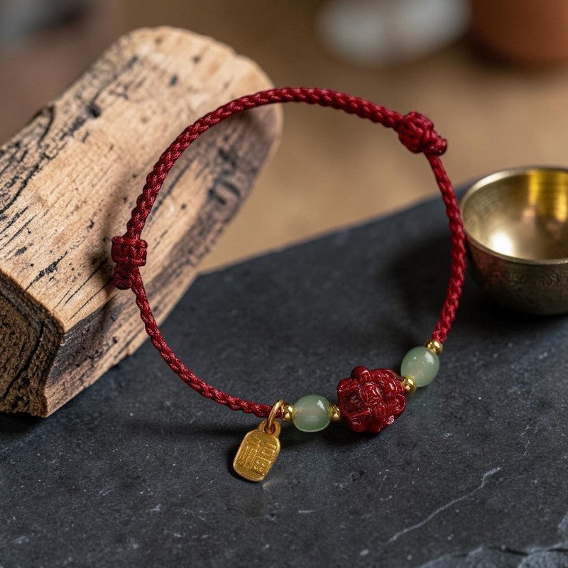 Natural Cinnabar Bracelet with Hetian Jade Zodiac Beads & Fu Character Rope