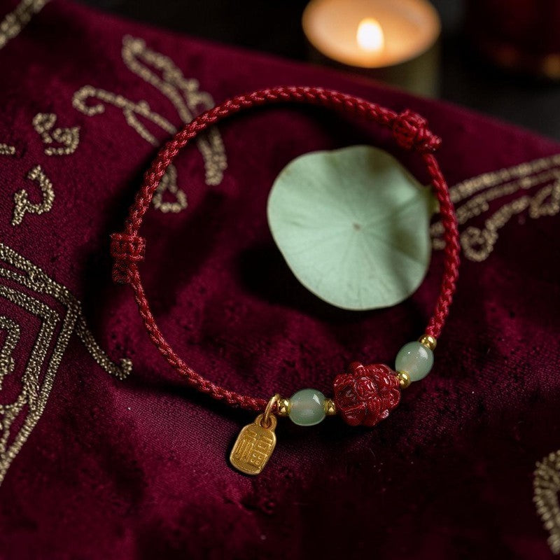 Natural Cinnabar Bracelet with Hetian Jade Zodiac Beads & Fu Character Rope
