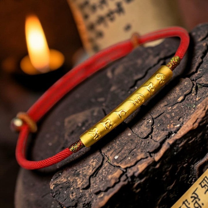 Tibetan-Style Mani Mantra Red String Bracelet — 999 Sterling Silver Accent (Handmade)