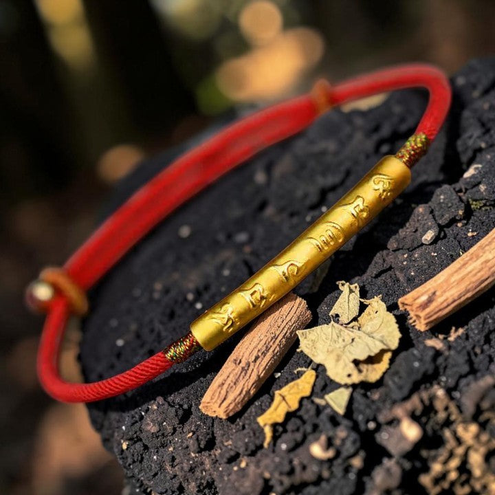Tibetan-Style Mani Mantra Red String Bracelet — 999 Sterling Silver Accent (Handmade)