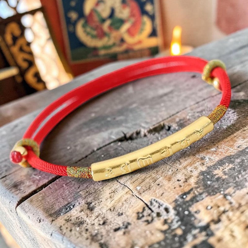 Tibetan-Style Mani Mantra Red String Bracelet — 999 Sterling Silver Accent (Handmade)