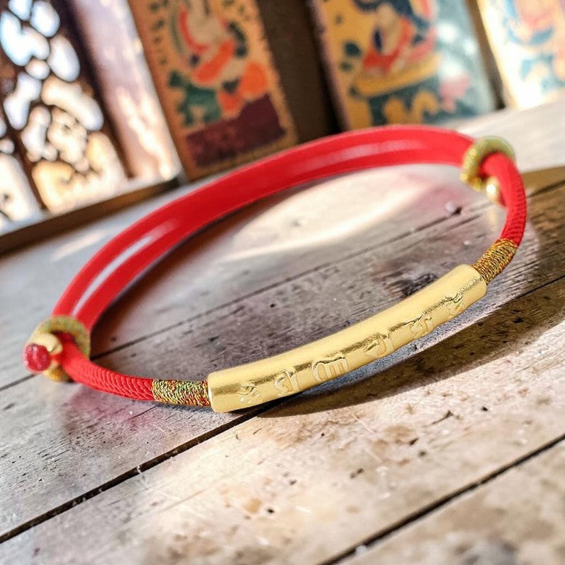 Tibetan-Style Mani Mantra Red String Bracelet — 999 Sterling Silver Accent (Handmade)