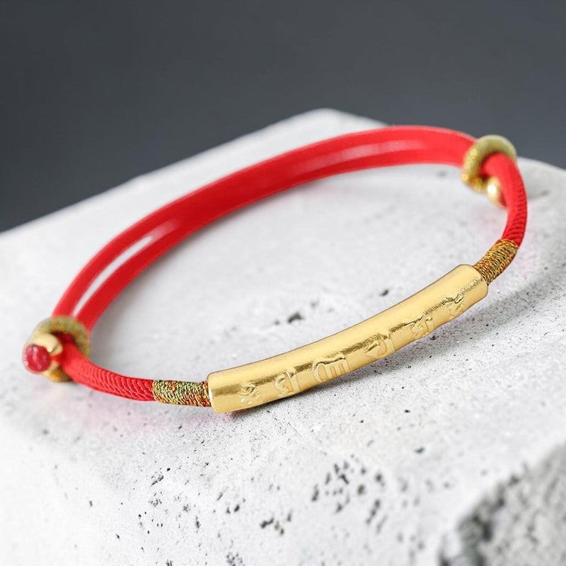 Tibetan-Style Mani Mantra Red String Bracelet — 999 Sterling Silver Accent (Handmade)