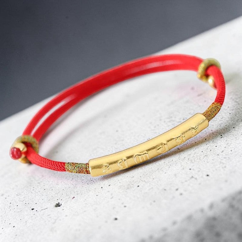Tibetan-Style Mani Mantra Red String Bracelet — 999 Sterling Silver Accent (Handmade)