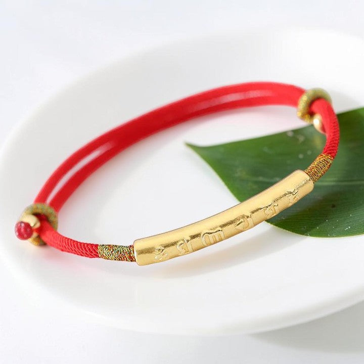 Tibetan-Style Mani Mantra Red String Bracelet — 999 Sterling Silver Accent (Handmade)