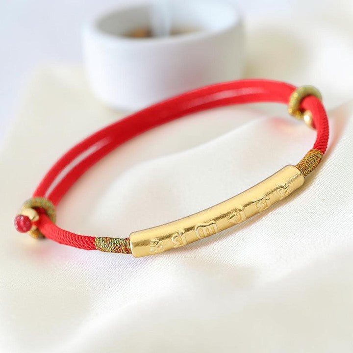 Tibetan-Style Mani Mantra Red String Bracelet — 999 Sterling Silver Accent (Handmade)