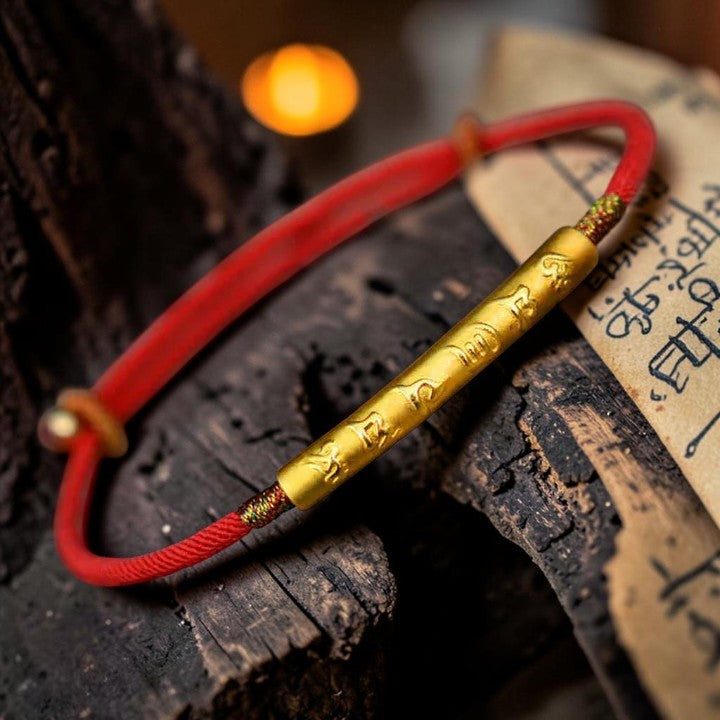 Tibetan-Style Mani Mantra Red String Bracelet — 999 Sterling Silver Accent (Handmade)