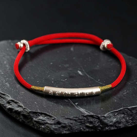 Tibetan-Style Mani Mantra Red String Bracelet — 999 Sterling Silver Accent (Handmade)