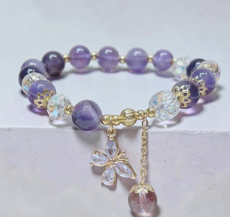 Natural Amethyst Bracelet — Butterfly Charm