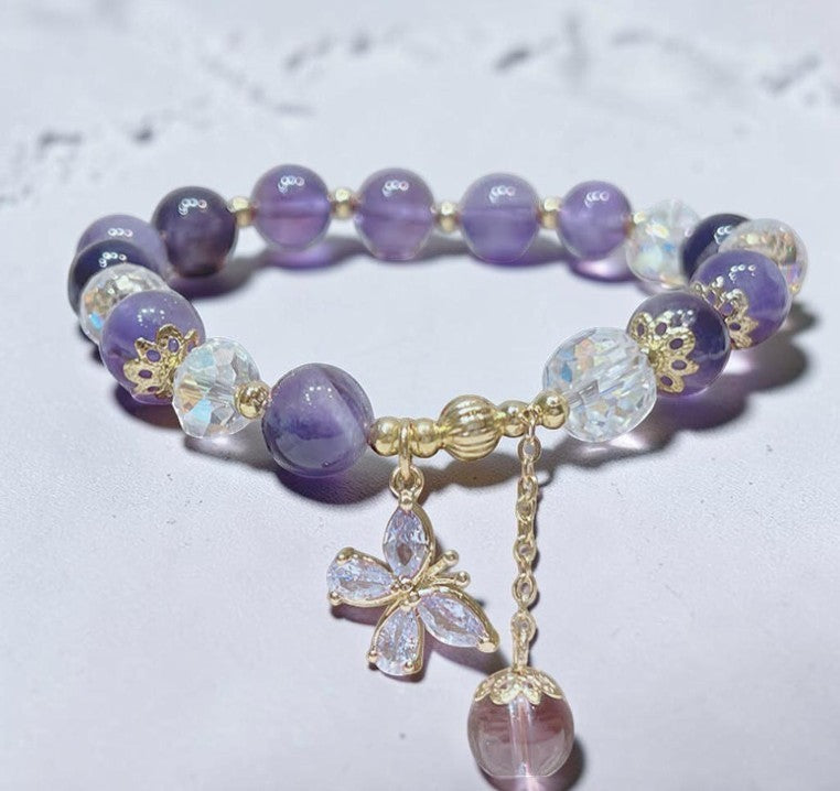Natural Amethyst Bracelet — Butterfly Charm