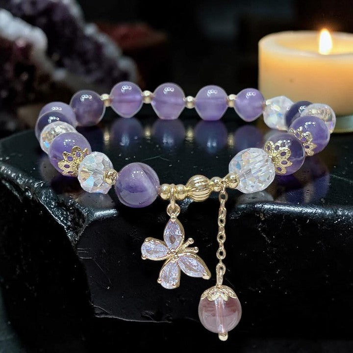 Natural Amethyst Bracelet — Butterfly Charm