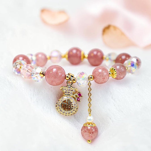 Natural Strawberry Quartz Bracelet - Prosperity & Balance Charm