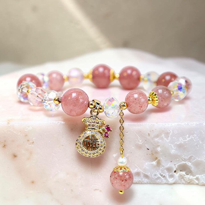 Natural Strawberry Quartz Bracelet - Prosperity & Balance Charm