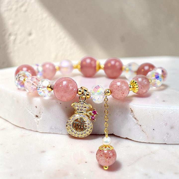 Natural Strawberry Quartz Bracelet - Prosperity & Balance Charm