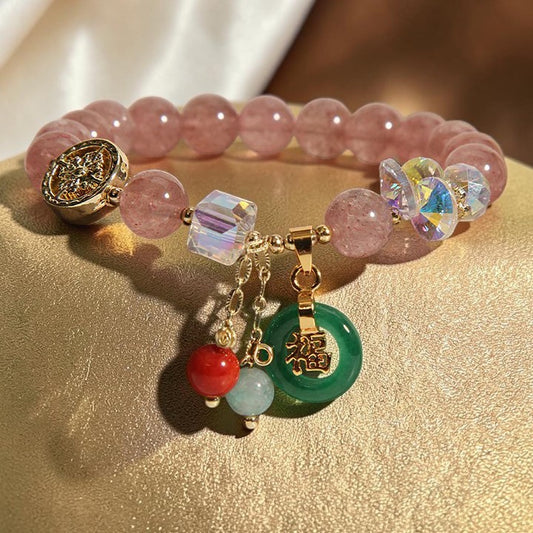 Strawberry Quartz & Jade Bracelet — Fu Character Charm, Symbol of Prosperity & Balance