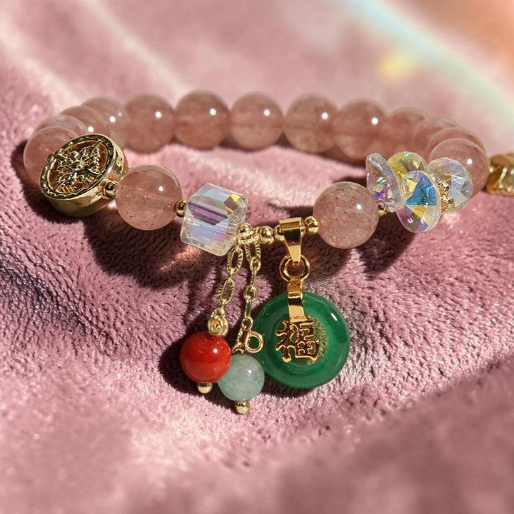 Strawberry Quartz & Jade Bracelet — Fu Character Charm, Symbol of Prosperity & Balance