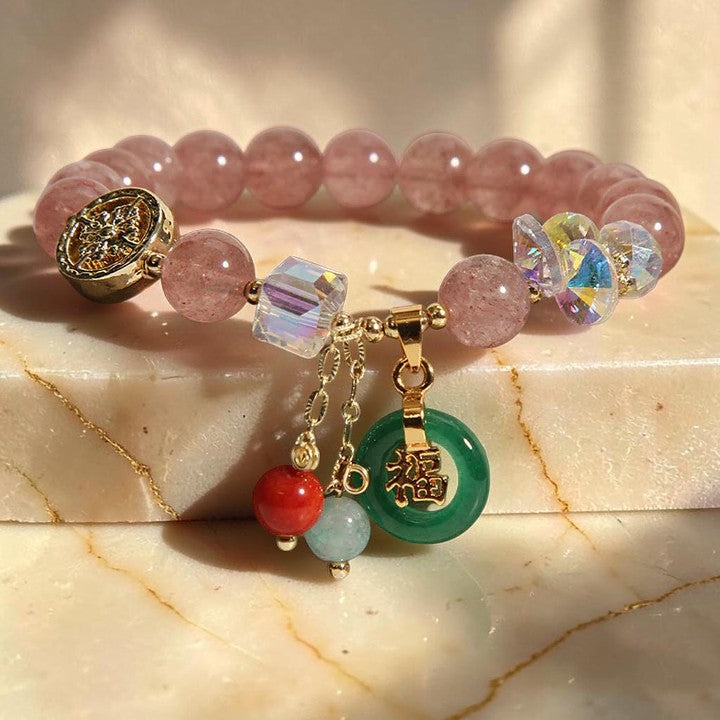 Strawberry Quartz & Jade Bracelet — Fu Character Charm, Symbol of Prosperity & Balance