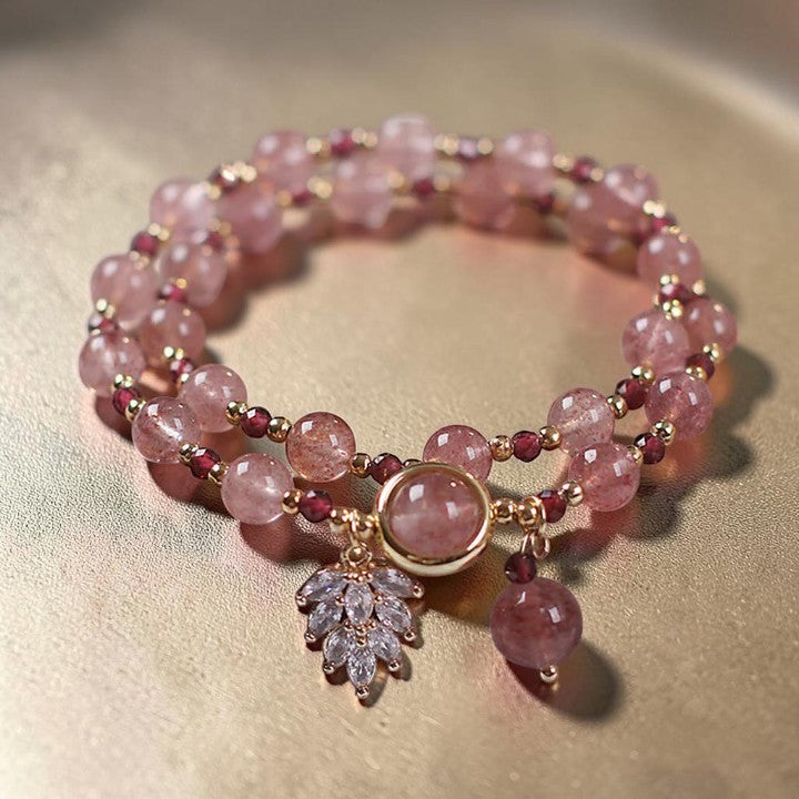 Natural Strawberry Quartz Bracelet - Love & Soothing Maple Leaf Charm (Double Wrap)