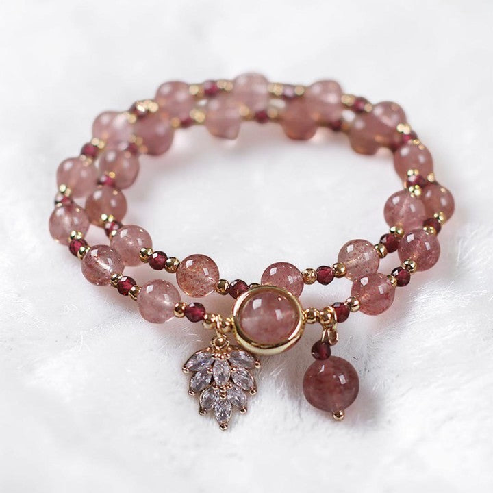 Natural Strawberry Quartz Bracelet - Love & Soothing Maple Leaf Charm (Double Wrap)