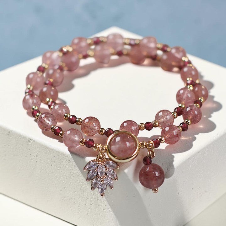 Natural Strawberry Quartz Bracelet - Love & Soothing Maple Leaf Charm (Double Wrap)