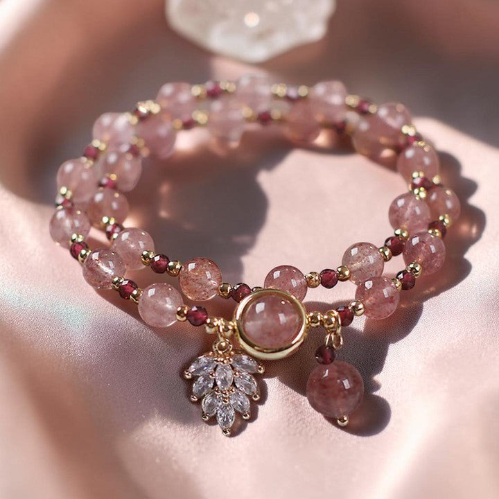 Natural Strawberry Quartz Bracelet - Love & Soothing Maple Leaf Charm (Double Wrap)