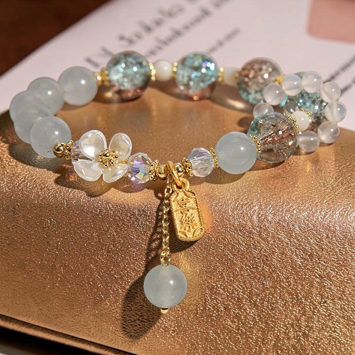 Natural Blue Crystal Bracelet - Amethyst Chalcedony Flower (Calming Cultural Symbol)