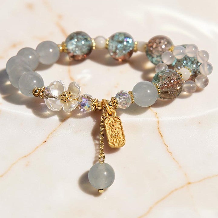 Natural Blue Crystal Bracelet - Amethyst Chalcedony Flower (Calming Cultural Symbol)