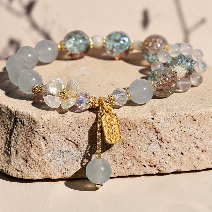 Natural Blue Crystal Bracelet - Amethyst Chalcedony Flower (Calming Cultural Symbol)