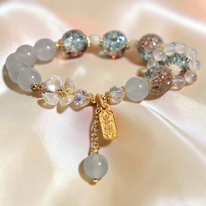 Natural Blue Crystal Bracelet - Amethyst Chalcedony Flower (Calming Cultural Symbol)