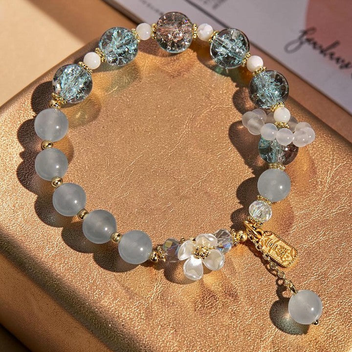 Natural Blue Crystal Bracelet - Amethyst Chalcedony Flower (Calming Cultural Symbol)