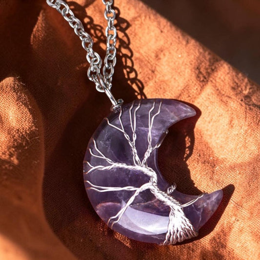 Natural Quartz Crystal Necklace — Moon Tree of Life Pendant (Handcrafted, Symbol of Serenity)