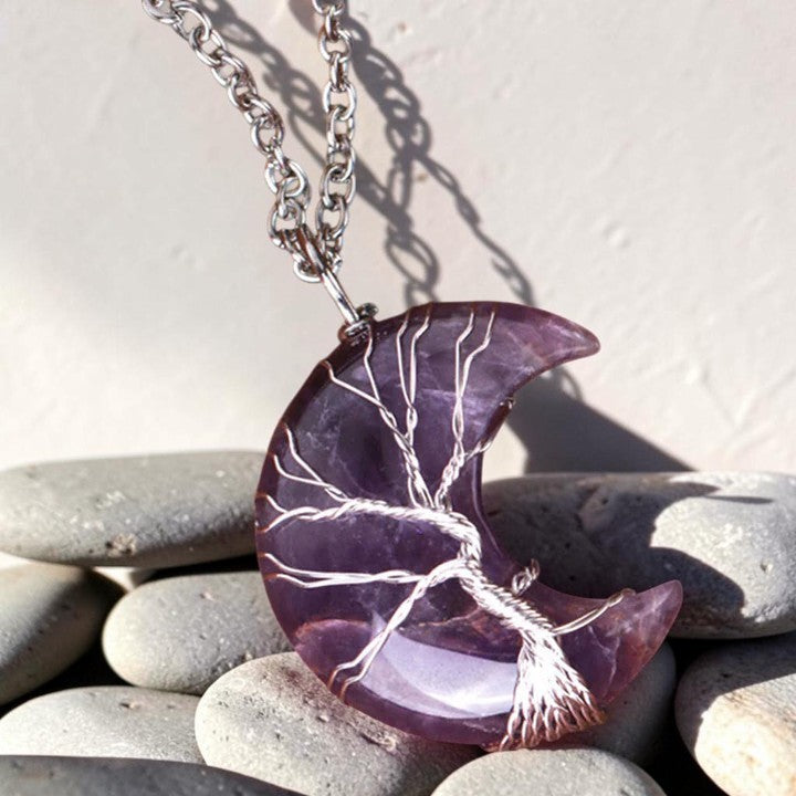 Natural Quartz Crystal Necklace — Moon Tree of Life Pendant (Handcrafted, Symbol of Serenity)