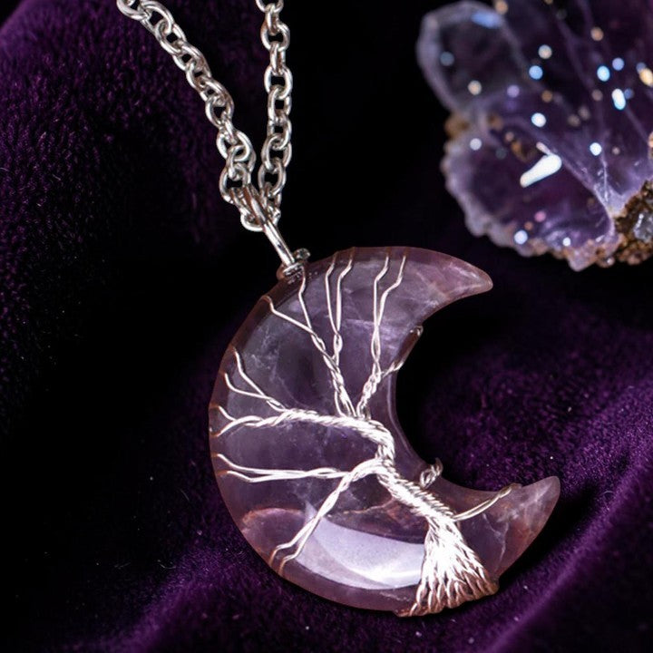Natural Quartz Crystal Necklace — Moon Tree of Life Pendant (Handcrafted, Symbol of Serenity)
