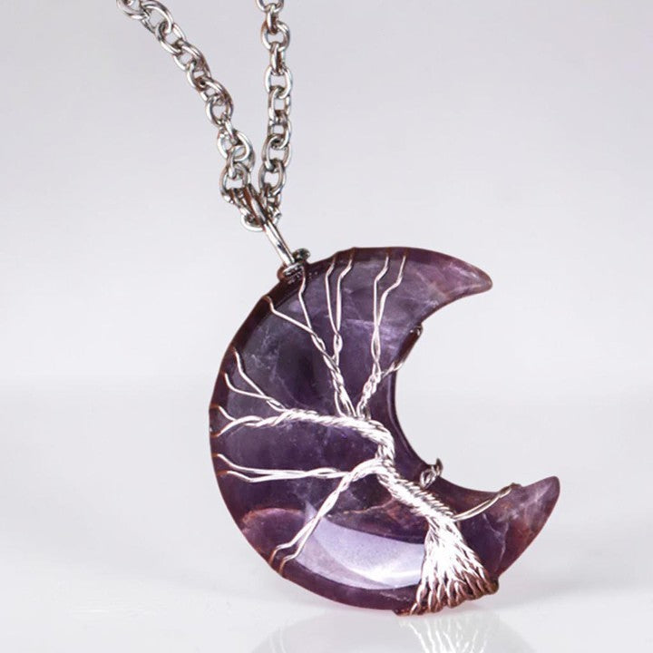 Natural Quartz Crystal Necklace — Moon Tree of Life Pendant (Handcrafted, Symbol of Serenity)