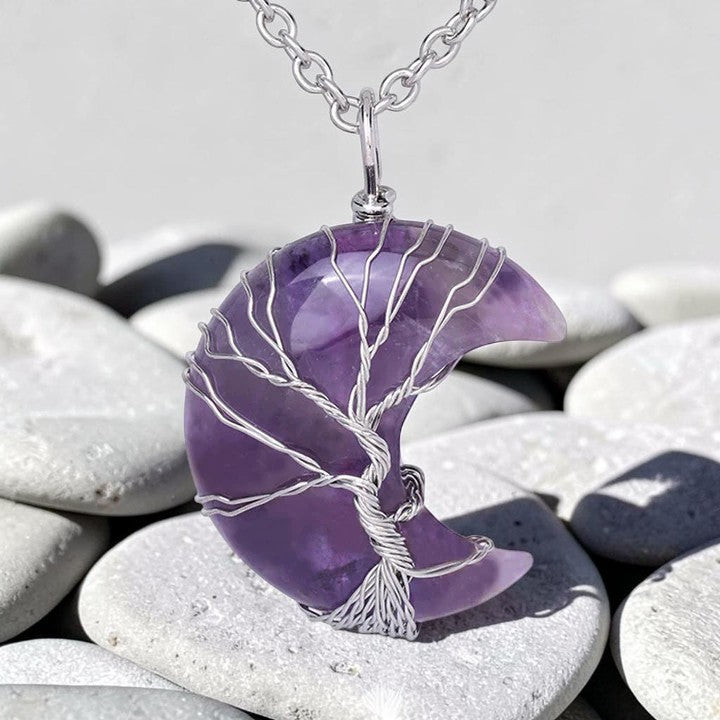 Natural Quartz Crystal Necklace — Moon Tree of Life Pendant (Handcrafted, Symbol of Serenity)