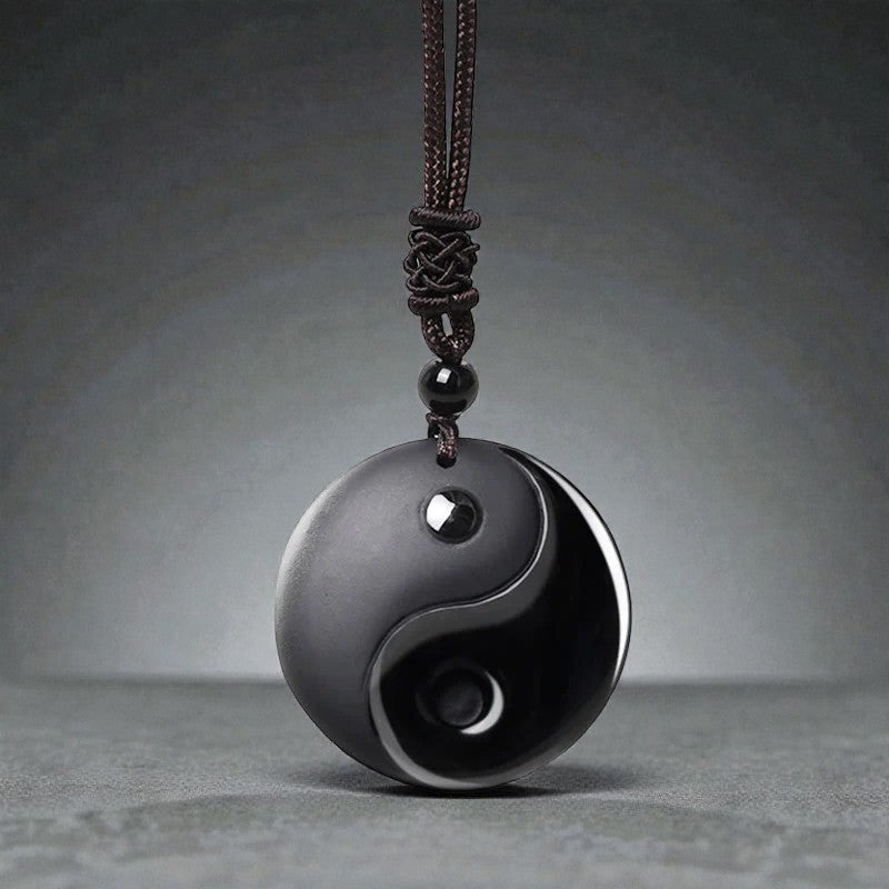 Black Obsidian Taoism Necklace - Five Sacred Mountains Nine-Character Mantra Carved Purification Yin Yang Pendant