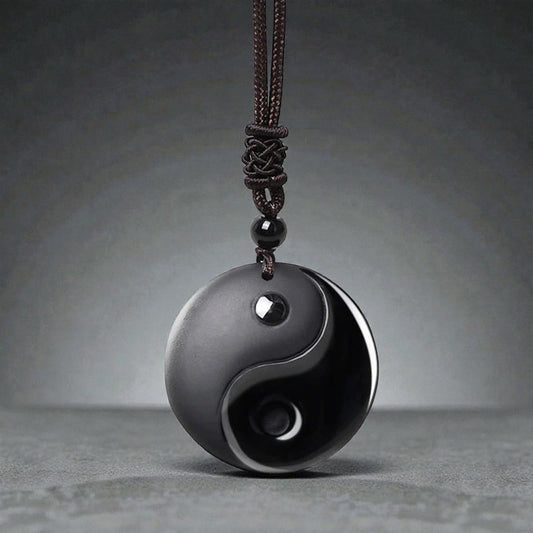 Black Obsidian Taoism Necklace - Five Sacred Mountains Nine-Character Mantra Carved Purification Yin Yang Pendant