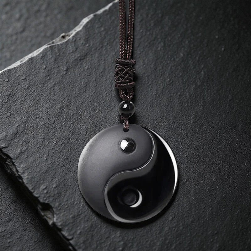Black Obsidian Taoism Necklace - Five Sacred Mountains Nine-Character Mantra Carved Purification Yin Yang Pendant
