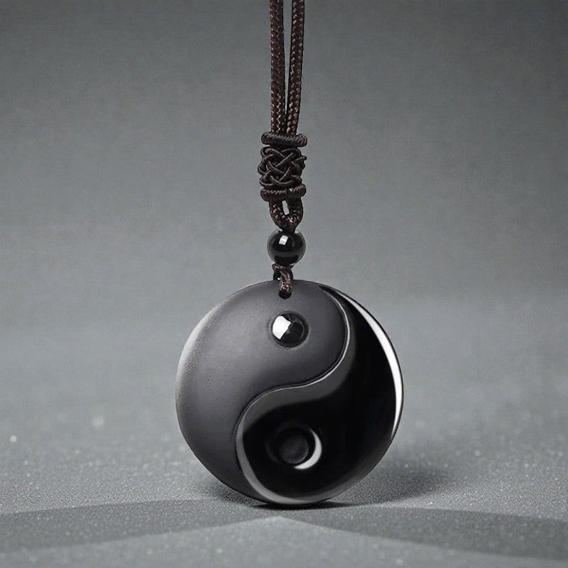 Black Obsidian Taoism Necklace - Five Sacred Mountains Nine-Character Mantra Carved Purification Yin Yang Pendant