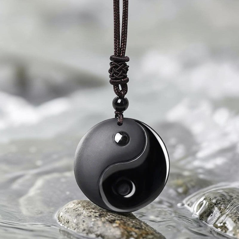 Black Obsidian Taoist Necklace — Five Sacred Mountains & Nine-Character Mantra Yin Yang Pendant