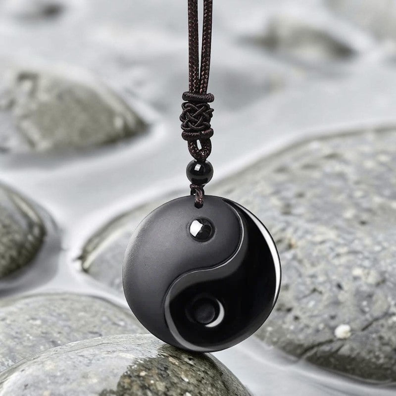 Black Obsidian Taoist Necklace — Five Sacred Mountains & Nine-Character Mantra Yin Yang Pendant