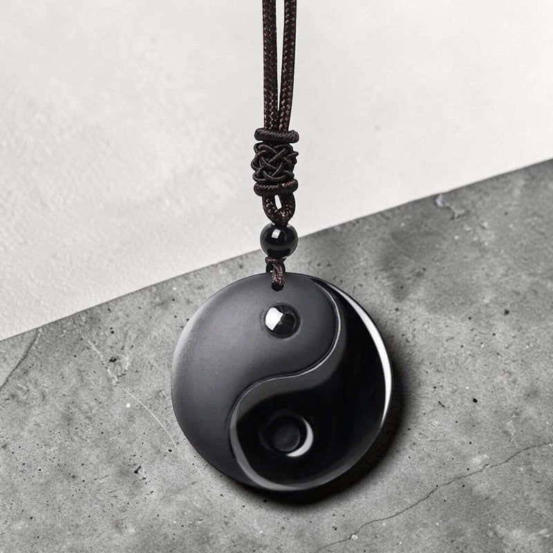 Black Obsidian Taoist Necklace — Five Sacred Mountains & Nine-Character Mantra Yin Yang Pendant