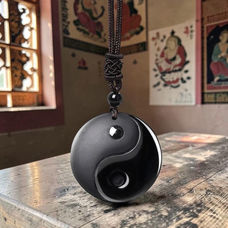 Black Obsidian Taoist Necklace — Five Sacred Mountains & Nine-Character Mantra Yin Yang Pendant