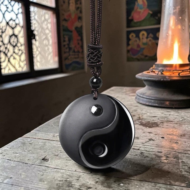 Black Obsidian Taoist Necklace — Five Sacred Mountains & Nine-Character Mantra Yin Yang Pendant