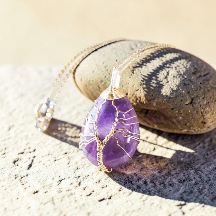 Natural Quartz Crystal Necklace — Tree of Life Spiritual Pendant