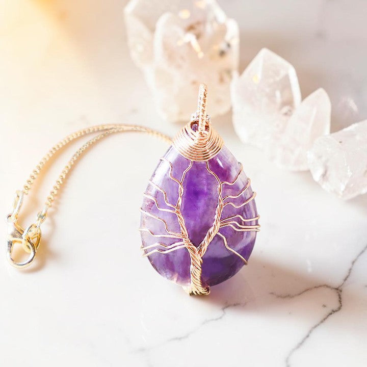 Natural Quartz Crystal Necklace — Tree of Life Spiritual Pendant
