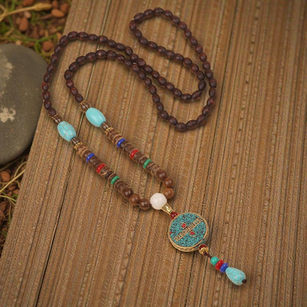 Turquoise Dzi Bead Necklace - Prayer Wheel Wenge Wood Meditation