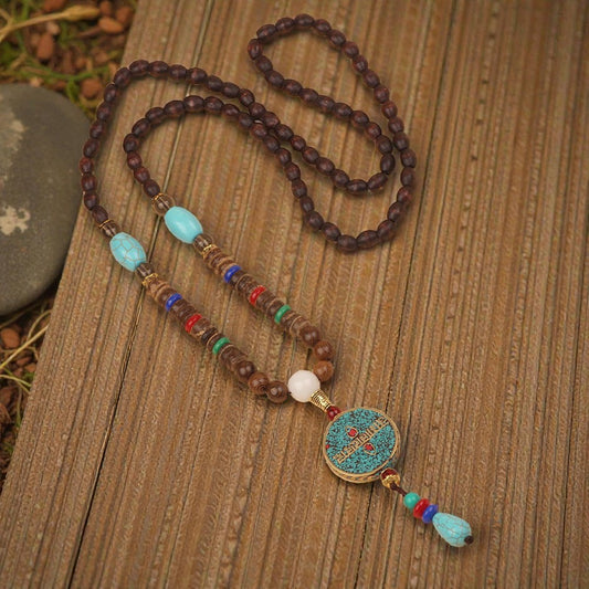 Turquoise Dzi Bead Necklace - Prayer Wheel Wenge Wood Meditation