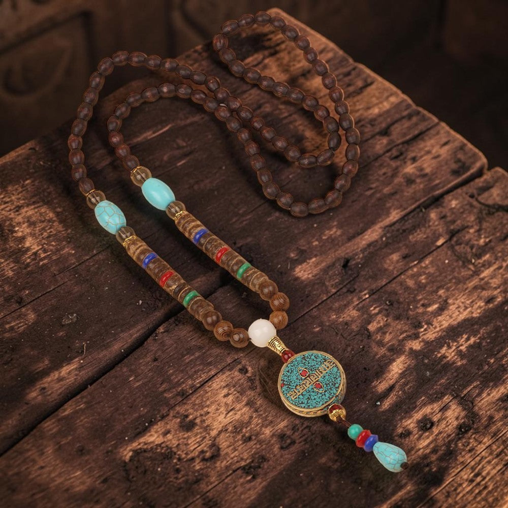 Turquoise Dzi Bead Necklace — Wenge Wood Prayer Wheel, Meditation-Inspired Jewelry